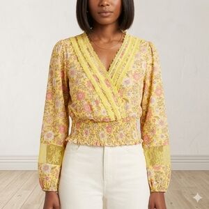 Self E Yellow Floral Lace Trim Blouse